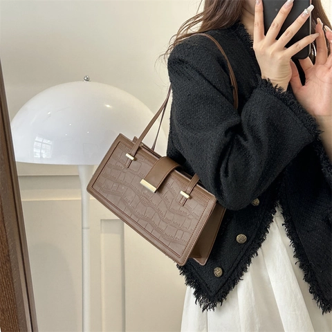 Bolso de Axila Retro con Patrón de Cocodrilo de Cuero PU para Mujer Bolso de Hombro Simple de Moda con Hebilla de Metal Dorado