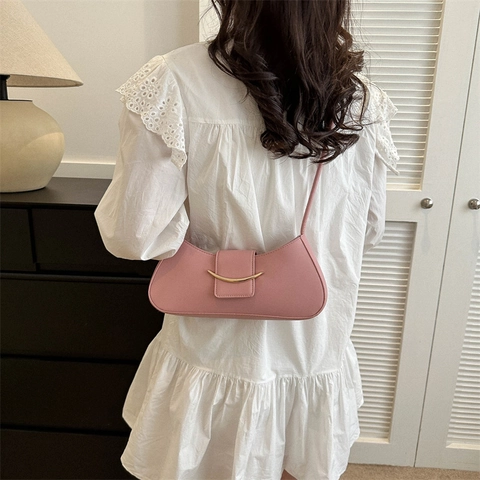 Borsa Sottobraccio Minimalista Pelle PU Mezzaluna Borsa A Spalla Con Fibbia In Metallo Luna Dorata Tracolla Annodata Donna
