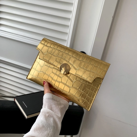 Pochette Busta Goffrata Coccodrillo Pelle PU Lucida Borsa Da Sera Con Fibbia Dorata Per Donne Tendenza Elegante