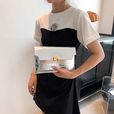 Pochette Busta Goffrata Coccodrillo Pelle PU Lucida Borsa Da Sera Con Fibbia Dorata Per Donne Tendenza Elegante