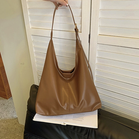 Bolso Hobo de Cuero PU de Gran Capacidad para Mujer Color Sólido Costuras Bolso de Hombro Tote Minimalista de Viaje