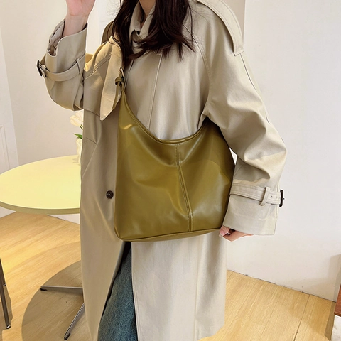 Bolso Hobo de Cuero PU de Gran Capacidad para Mujer Color Sólido Costuras Bolso de Hombro Tote Minimalista de Viaje