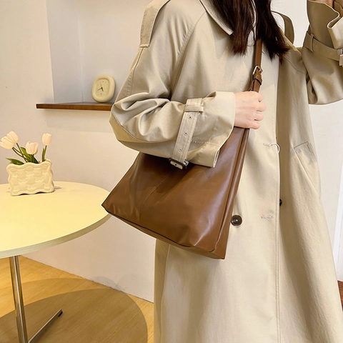 Bolso de Hombro de Cuero PU de Gran Capacidad para Mujer Minimalista Color Sólido Casual Tote Hobo Bolso de Mano para Oficina