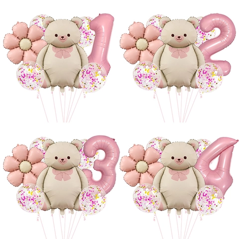 Teddybär Blume Und Nummer Luftballons Aluminiumfolie Latex Retro Matt Rosa Geburtstagsparty Babyparty Dekorationen