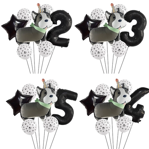 Ensemble de Ballons en Aluminium Chien Husky Dessin Animé Numéro Étoile Patte Latex Anniversaire Fête Animaux Déco