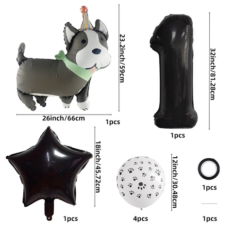 Ensemble de Ballons en Aluminium Chien Husky Dessin Animé Numéro Étoile Patte Latex Anniversaire Fête Animaux Déco