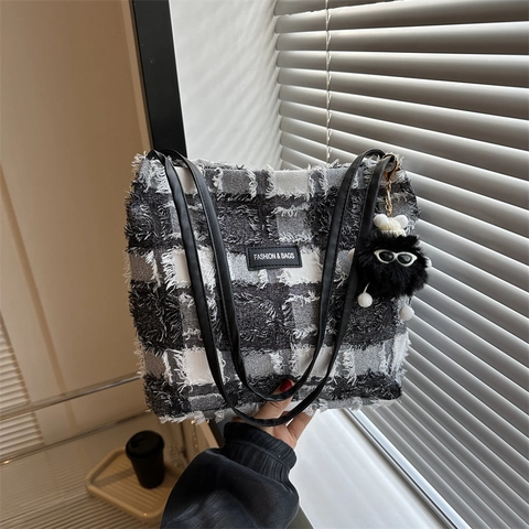 Women Checkered Plaid Tote Bag Frayed Edges Textile Handbag Retro Aesthetic Large Capacity With Plush Monster Charm