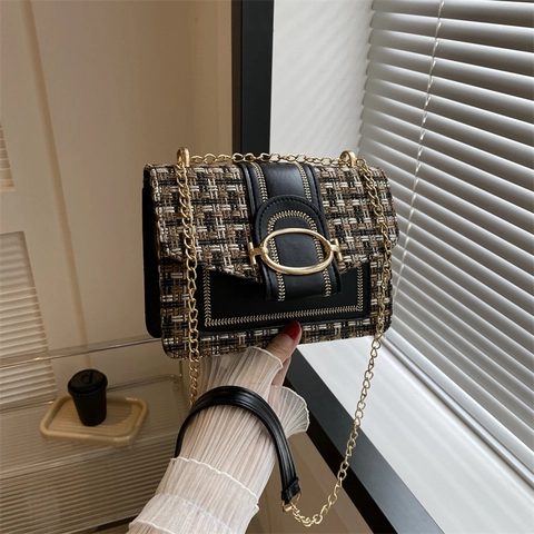 Borsa A Tracolla In Tweed Donne Retro PU Pelle Splicing Piccola Borsa A Spalla Quadrata Con Catena In Metallo Dorato Elegante