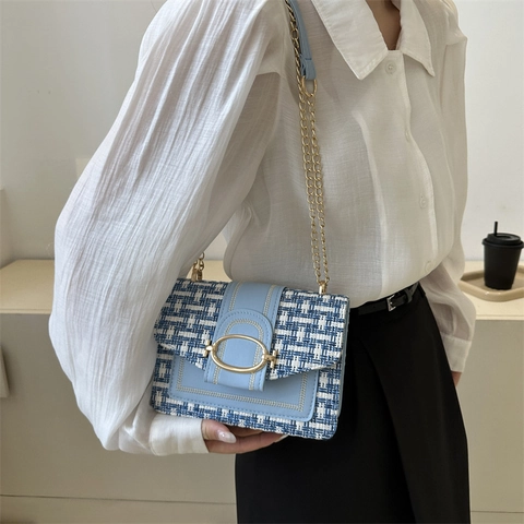 Borsa A Tracolla In Tweed Donne Retro PU Pelle Splicing Piccola Borsa A Spalla Quadrata Con Catena In Metallo Dorato Elegante