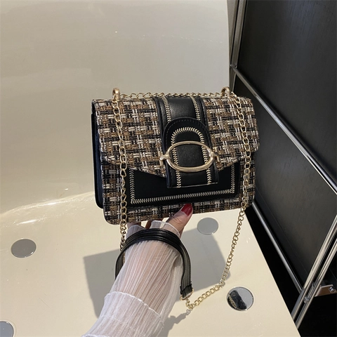 Women Vintage Tweed Chain Crossbody Bag Fashion PU Leather Patchwork Shoulder Bag Chic Square Commuting Purse For Daily