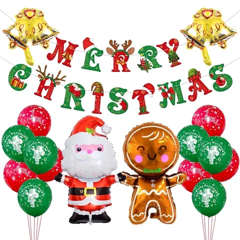 Set di Palloncini e Banner di Natale Babbo Natale Omino di Pan di Zenzero Rossi Verdi Lattice Alluminio Decorazioni