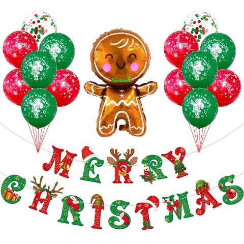 Set di Decorazioni Natalizie con Palloncini e Striscione Babbo Natale Omino di Pan di Zenzero Albero di Natale per Festa