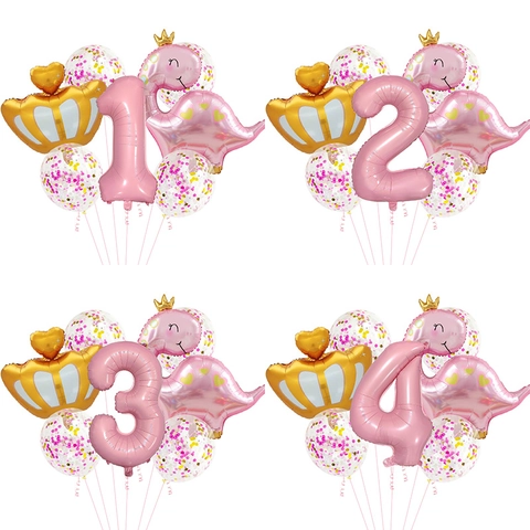 Cartoon Dinosaur Crown Aluminum Film Balloon Pink Gold Number Balloons Ribbon Straw For Kids Birthday Party Decoration