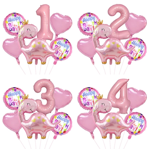 Dinosaurier Aluminiumfolie Ballon Set Rosa Krone Dino Herz Stern Nummer Cartoon Geburtstag Party Deko Mädchen Kinder