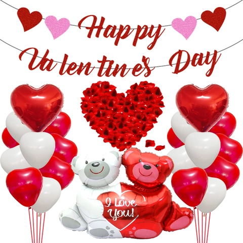 Valentine's Day Decoration Set Bear Heart Balloons Glitter Banner Rose Petals For Proposal Wedding Romantic Love Party Decor