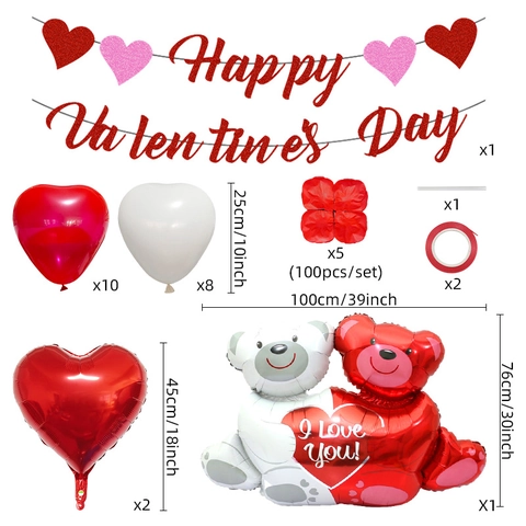 Valentine's Day Decoration Set Bear Heart Balloons Glitter Banner Rose Petals For Proposal Wedding Romantic Love Party Decor