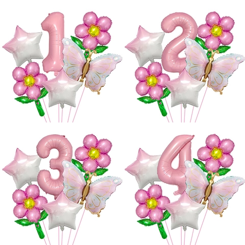 Pink Aluminum Foil Balloon Butterfly Daisy Number Flower Star For Girls Birthday Party Decoration Celebration Supplies