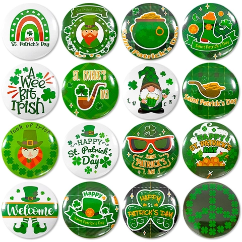 St Patricks Day Round Badge Pin Shamrock Lucky Leprechaun Gnome Irish Festival Party Decoration Tinplate Brooch