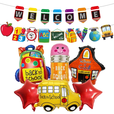 Ballon Rentrée Scolaire Bannière Bienvenue Autobus Scolaire Sac à Dos Crayon Étoile Aluminium Décoration pour Ouverture Classe