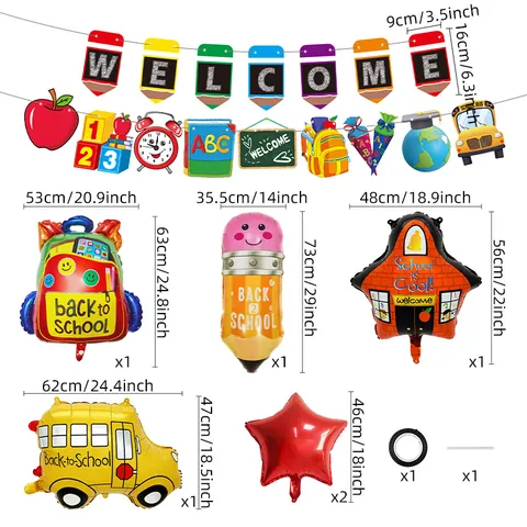 Back To School Balloon Welcome Banner School Bus Backpack Pencil Star Foil Decoration For Classroom Opening Ceremony