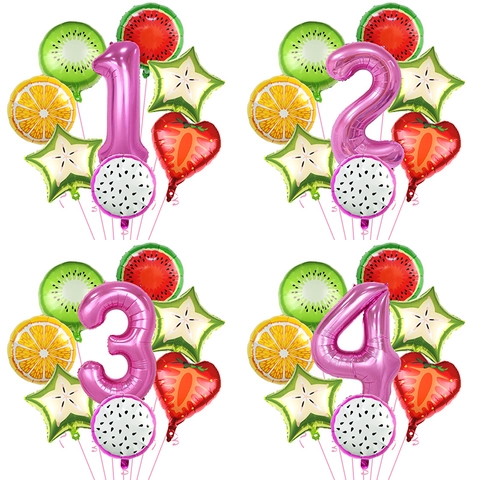 Fruit Aluminum Foil Balloon Decoration Assorted Pink Number Balloons For Kids Birthday Summer Pool Party Decor Supplies