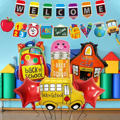 Ballon Rentrée Scolaire Bannière Bienvenue Autobus Scolaire Sac à Dos Crayon Étoile Aluminium Décoration pour Ouverture Classe