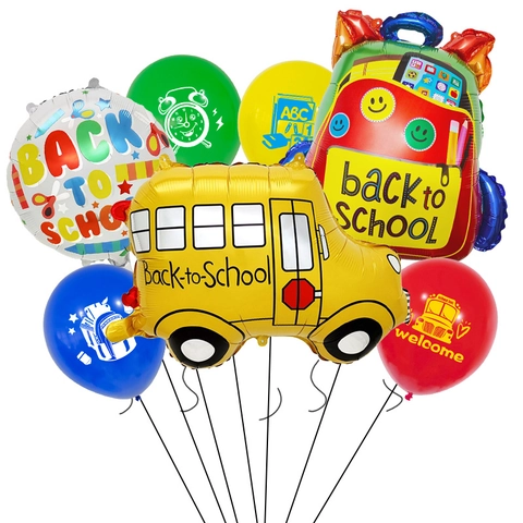 Kit de Ballons Rentrée Scolaire Forme Autobus Scolaire Sac à Dos Crayon Ballons en Aluminium et Latex Décoration de Salle de Classe