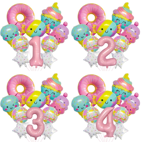 Globos de Papel de Aluminio Rosquilla Helado Magdalena Caramelo Estrella Número Redondos Decoración Fiesta Cumpleaños Niños