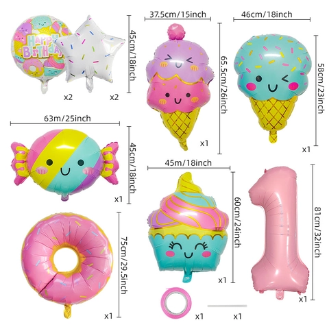 Globos de Papel de Aluminio Rosquilla Helado Magdalena Caramelo Estrella Número Redondos Decoración Fiesta Cumpleaños Niños