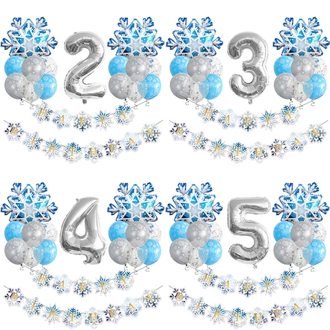 Schneeflocken Thema Geburtstag Dekoration Folien Aluminium Latex Ballons Silber Nummer Blau Weiß Banner Kinder Feier