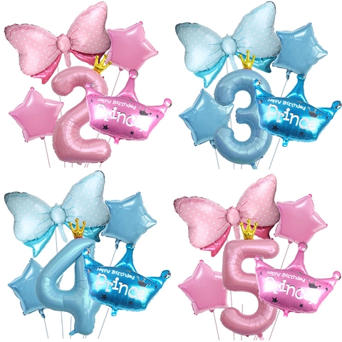 Set di Palloncini Numero Corona in Alluminio con Fiocco a Pois per Decorazione Festa di Compleanno Bambini Baby Shower Rosa Blu Palloncini a Stella
