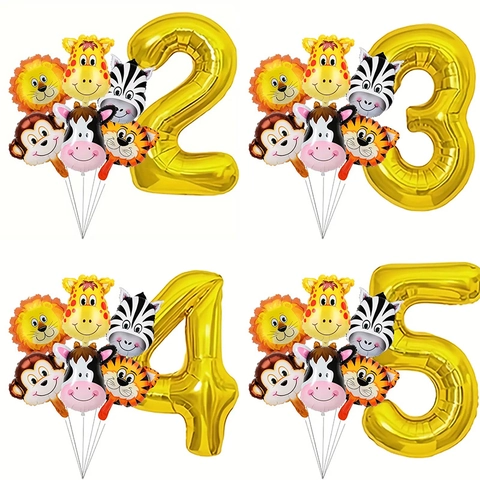 Aluminum Foil Number Balloon Jungle Animal Theme Tiger Lion Zebra Giraffe Monkey Cow Birthday Party Decorations For Kids
