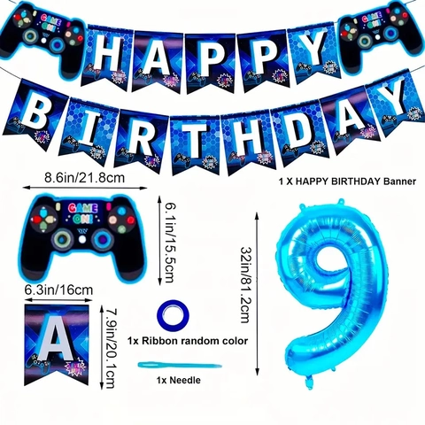 Video Game Theme Birthday Party Decoration Blue Happy Birthday Banner Foil Game Controller Balloons Latex Balloons Boy Gaming Party Decoration