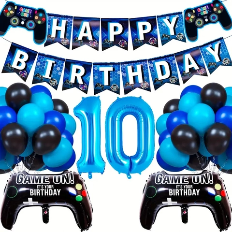 Video Game Theme Birthday Party Decoration Blue Happy Birthday Banner Foil Game Controller Balloons Latex Balloons Boy Gaming Party Decoration
