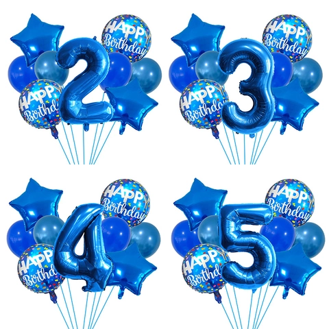 Blaue Geburtstagsballons Aluminiumfolie Latex Nummer Stern Rund Druck Party Dekorationen Feier Zubehör