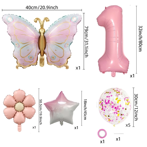 Geburtstagsparty Luftballons Schmetterlingsform Rosa Große Nummer Aluminiumfolie Konfetti Latex Dekorationen Mädchen Thema