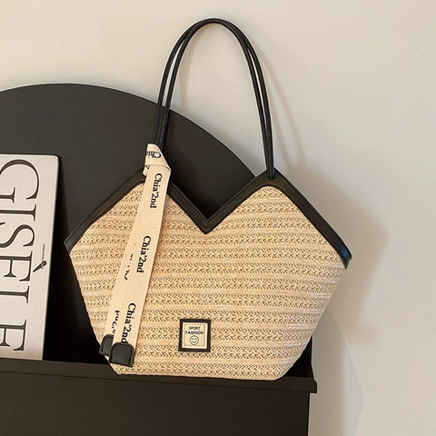 Borsa Tote in Paglia Intrecciata da Donna Borsa a Tracolla Casual con Finiture in Pelle PU e Decorazione in Nastro Borsa da Spiaggia