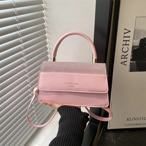 Bolso Retro de Cuero PU para Mujer Pequeño Cuadrado Con Solapa de Lentejuelas Elegante Bolso de Mano Bandolera Color Sólido