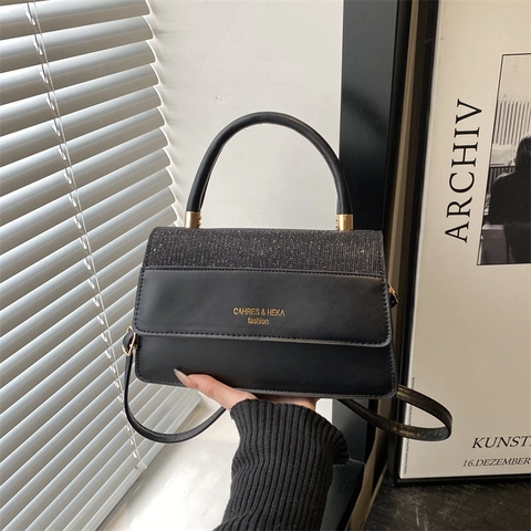 Bolso Retro de Cuero PU para Mujer Pequeño Cuadrado Con Solapa de Lentejuelas Elegante Bolso de Mano Bandolera Color Sólido