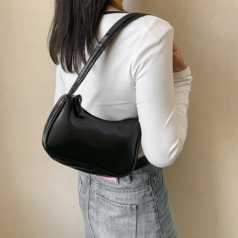 Women PU Leather Underarm Bag Minimalist Solid Color Hobo Shoulder Bag Zipper Closure Daily Commute Baguette Bag