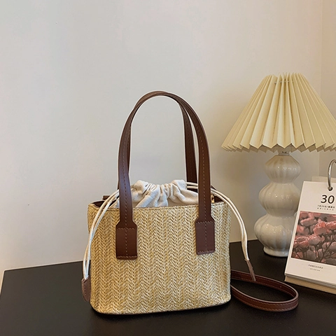 Bolso De Mano De Paja Tejida Retro Mujer Bolso De Hombro Con Correa De Cuero PU Y Bolsa Interior Con Cordón Verano