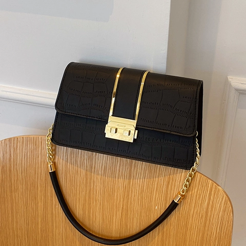 Women Alligator Pattern PU Leather Shoulder Bag With Gold Metal Lock And Chain Strap Trendy Small Square Underarm Purse