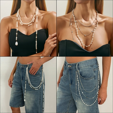 Fashion Multi-Layer Imitation Artificial Pearl Necklace Star Artificial Baroque Pearl Pendant Pants Chain Multi-Purpose Jewelry For Women