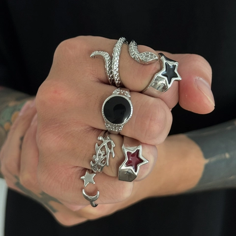Men Vintage Alloy Snake Star Moon Ring Set Punk Gothic Rhinestone Inlaid Finger Rings Silver Color Retro Men Jewelry