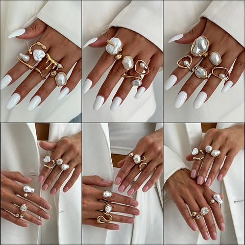 Irregular Artificial Baroque Pearl Rings Alloy Geometric Liquid Metal Style Vintage Aesthetic Finger Jewelry Accessories For Women