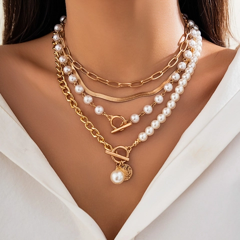 Multi Layer Artificial Pearl Necklace Alloy Imitation Baroque Irregular Bead Coin Pendant OT Buckle T-Bar Clasp Elegant Women