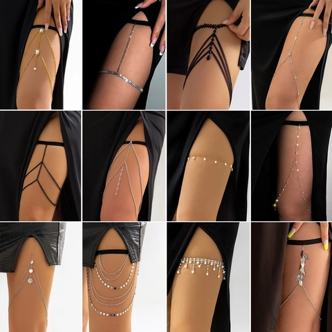 Women Sexy Elastic Thigh Chain Heart Leaf Pendant Rhinestone Artificial Pearl Multilayer Body Chain Leg Jewelry Party Club
