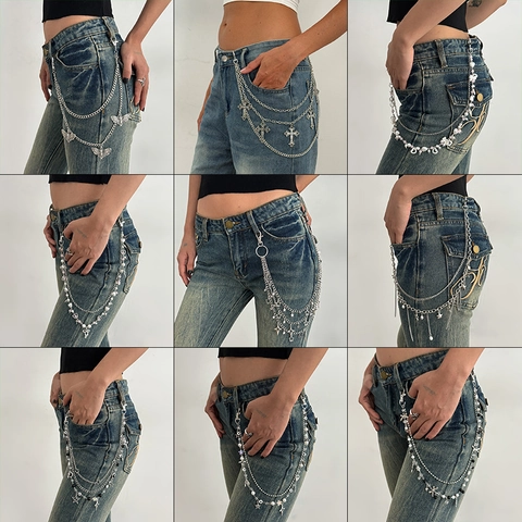 Catena da Pantaloni in Metallo Multistrato Punk da Donna Ciondolo a Croce Gotica Farfalla Stella Catena da Vita Y2K Accessori Streetwear