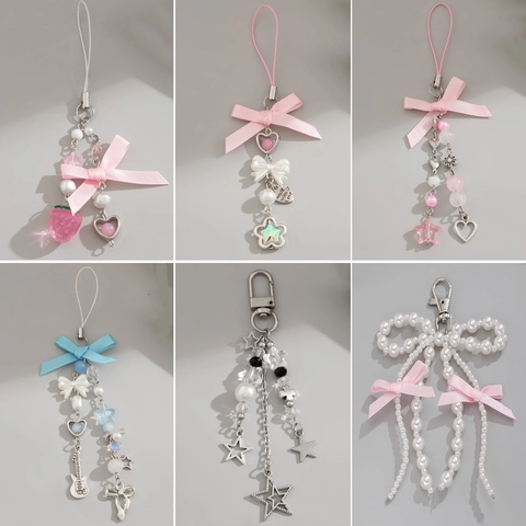 Portachiavi Dolce con Ciondolo a Stella e Cuore in Lega e Acrilico con Perline e Fiocco in Raso per Decorazione Borsa Donna