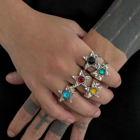 Vintage Punk Pentagram Star Ring Alloy Rhinestone Distressed Retro Antique Silver Hip Hop Rock Men Adjustable Band Jewelry
